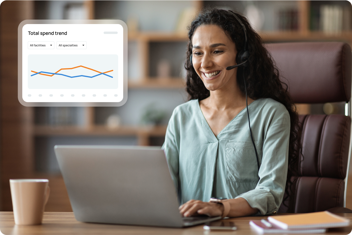 Woman with headset using laptop